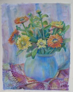 Jennifer Copley-May Marigolds in blue vase
