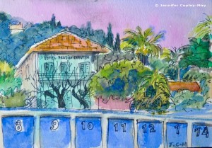 Jennifer Copley-May Beach Huts Cote d'Azur evening watercolour with ink c_wm