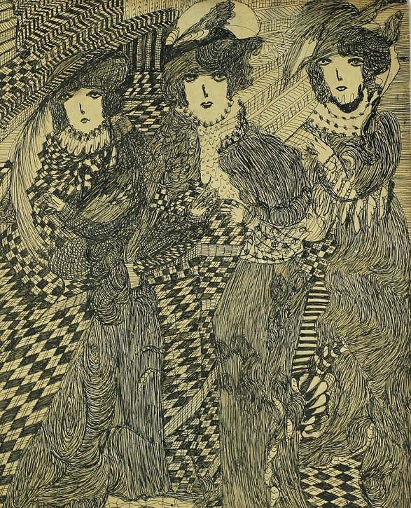 Madge Gill Three draped figures in a chequered setting