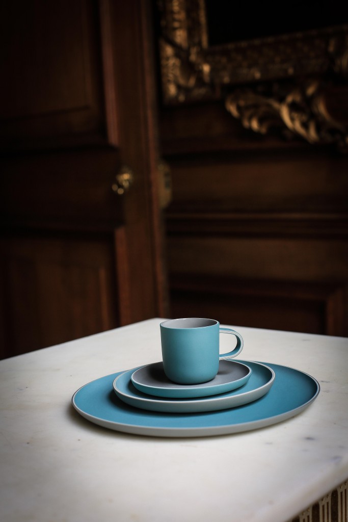 Jill Shaddock, Dinner Plate, Side Plate, Coffee Cup and Saucer, 2017, ceramic, slipcast in multilayers AC JILL SHADDOCK The Silverware Still Lives (2017) Photo - Rosalind Atkinson . Art Direction - Tasha Marks (0E7A3307-2)
