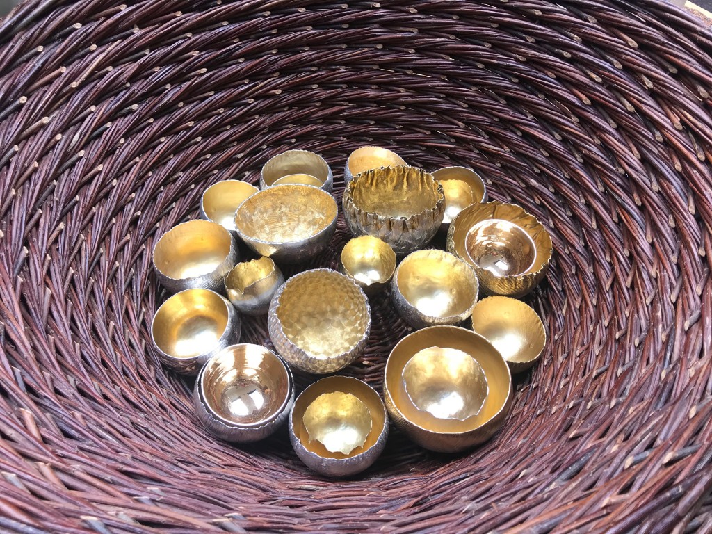 Malcolm Appleby Interview, Armadillo Central blog, Lisa Bech Curly Weave Basket containing Malcolm Appleby beakers at the Silver Symposium, Grandtully, 2018, © The Scottish Gallery