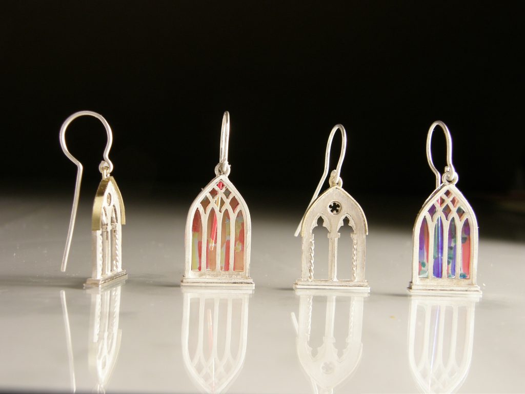 Four Pendant Earrings, 2014, cast silver with coloured acetate or yellow gold, 13x22x3mm deep