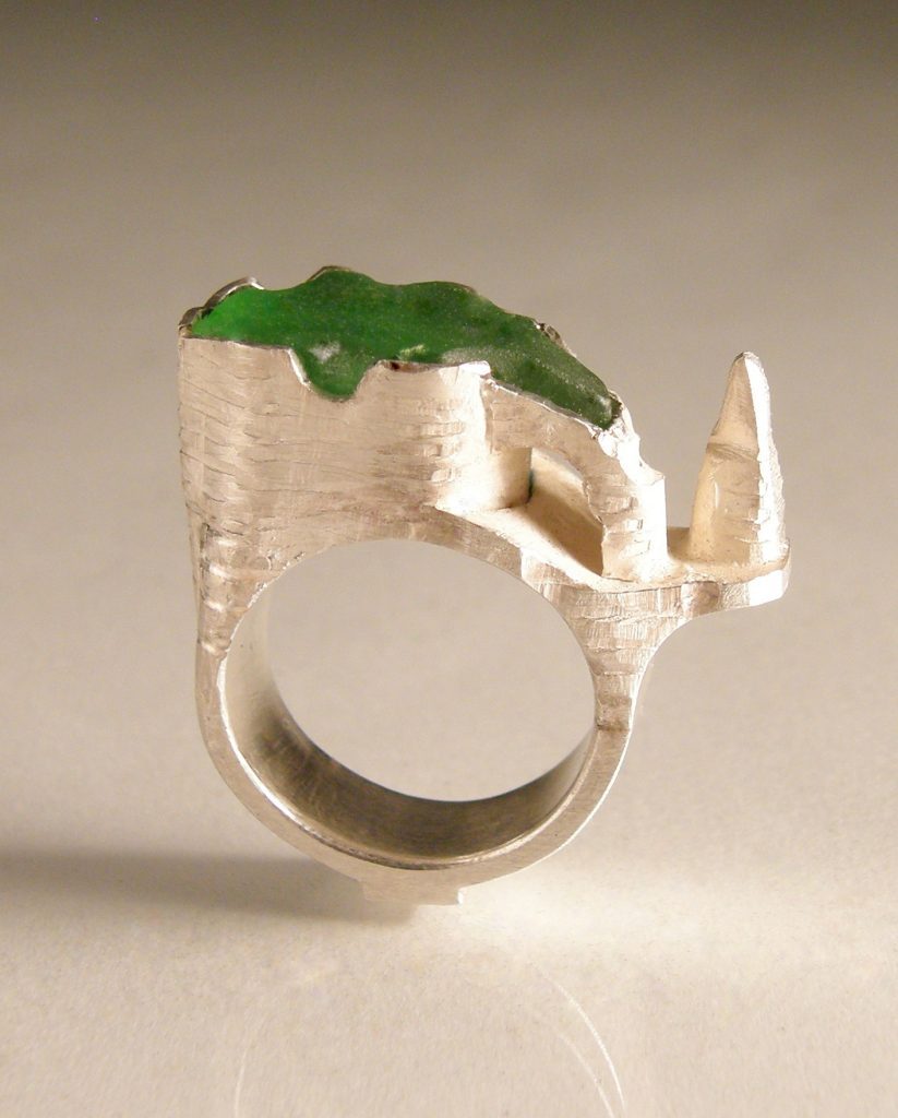 Etretat Ring, 2018, silver with green sea glass, 19x38x12mm deep