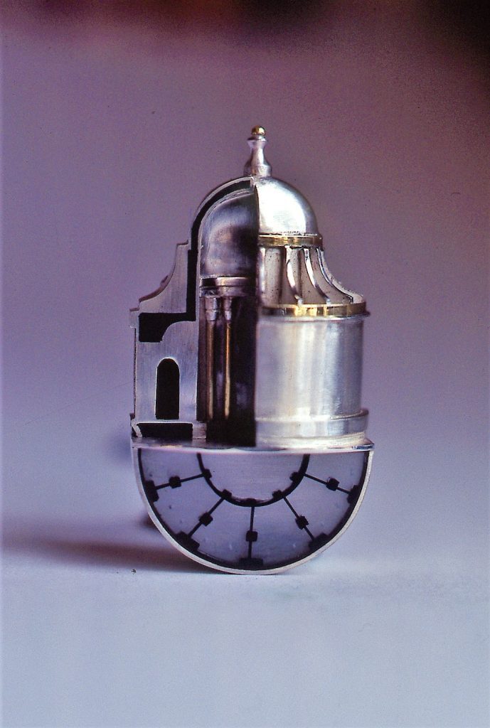 St Peter's brooch, 1980, silver, gold and perspex, inspired by designs for the church of St. Peter's in Montorio, Rome by Donato Bramante, 25.5x3.5x1.9cm, acquired by the V&A