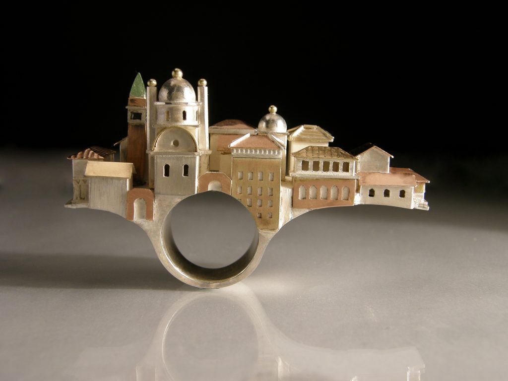 Large Venice Ring, 2009, silver with red and yellow gold with a touch of gold green enamel, 75x43x23mm deep