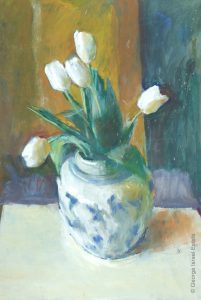 George Israel Tulips in blue white vase