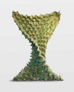 A green texture hourglass shaped paper sculture with subtle flecks of colour entitled Cristalización Orgánica Esmeralda, paper, MTC, inks, by Luis Santos Montes, from the Loewe Foundation Prize shortlist 2024