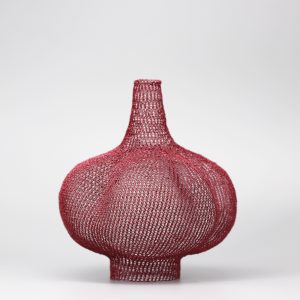 Textured Objet Series by Kim Hyun-seon, metal and lacquer, vase like with a bulbous shape on a stand, all in a dark red mesh, represented by Han Collection 